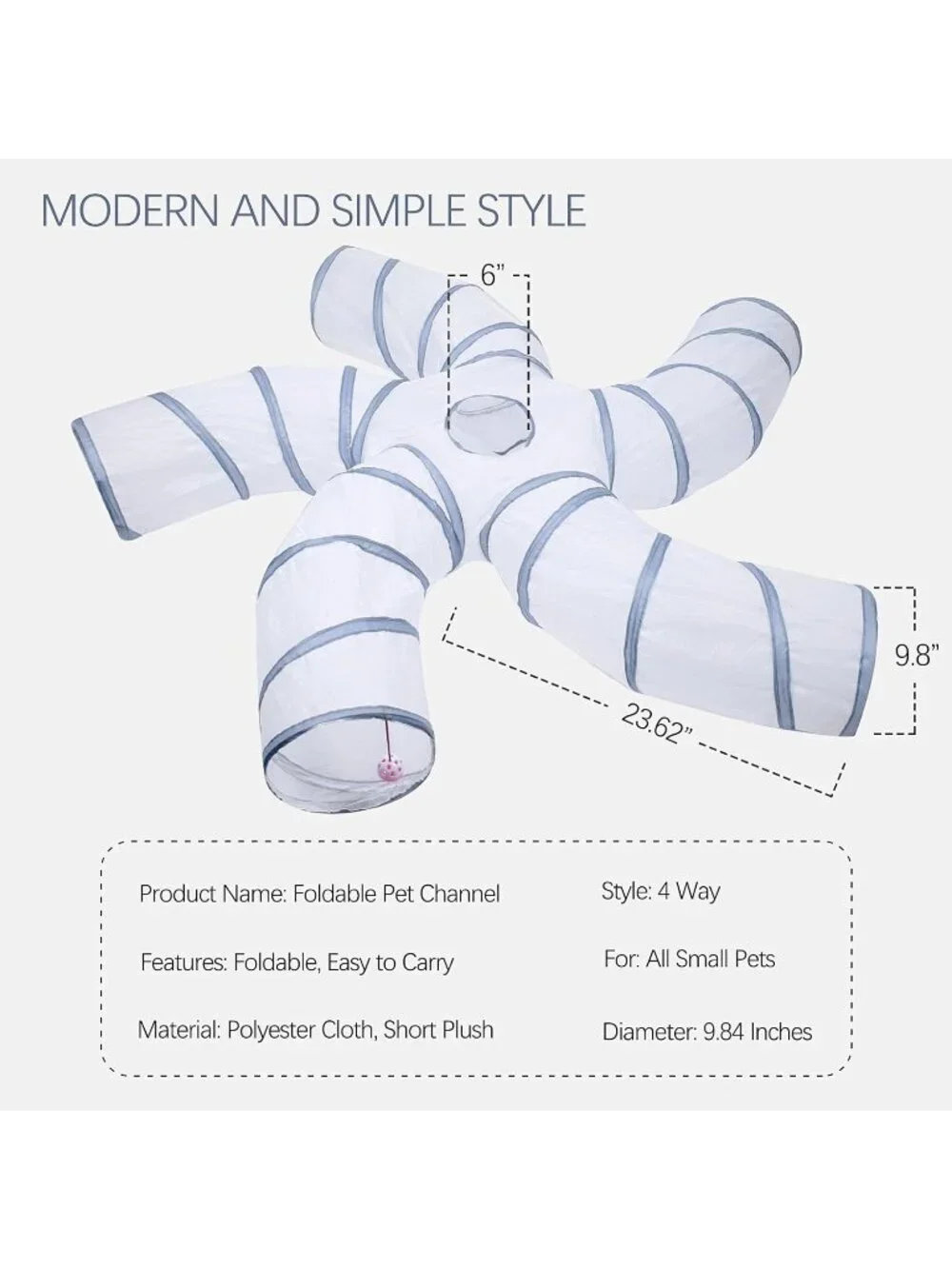New Large Cat Tunnel - S-Shape 5-Way Collapsible Tube for Cats - White Grey